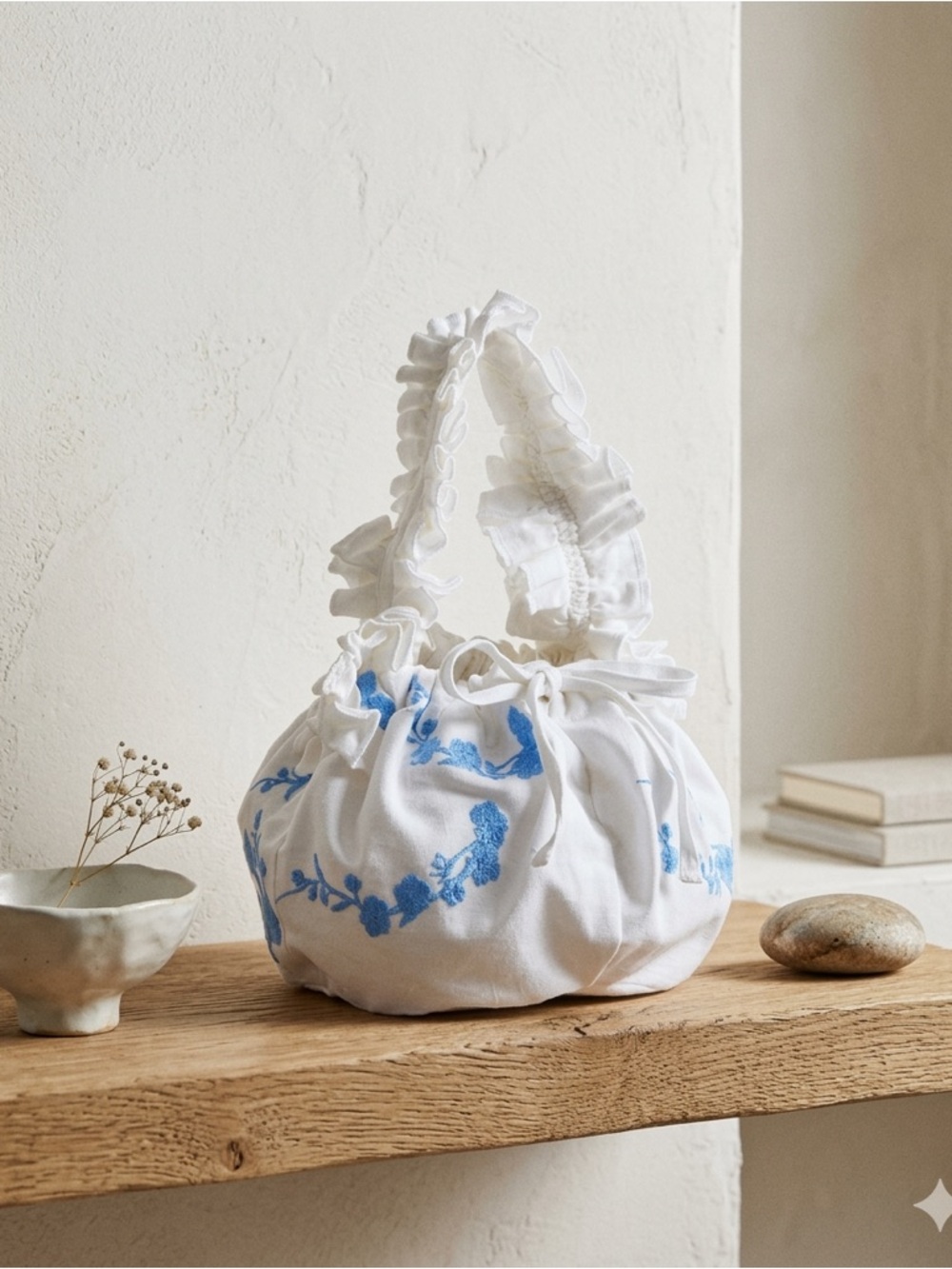 Fanm Mon Shou Shou Marell Mini Tote White Blue Floral Embroidered NWT